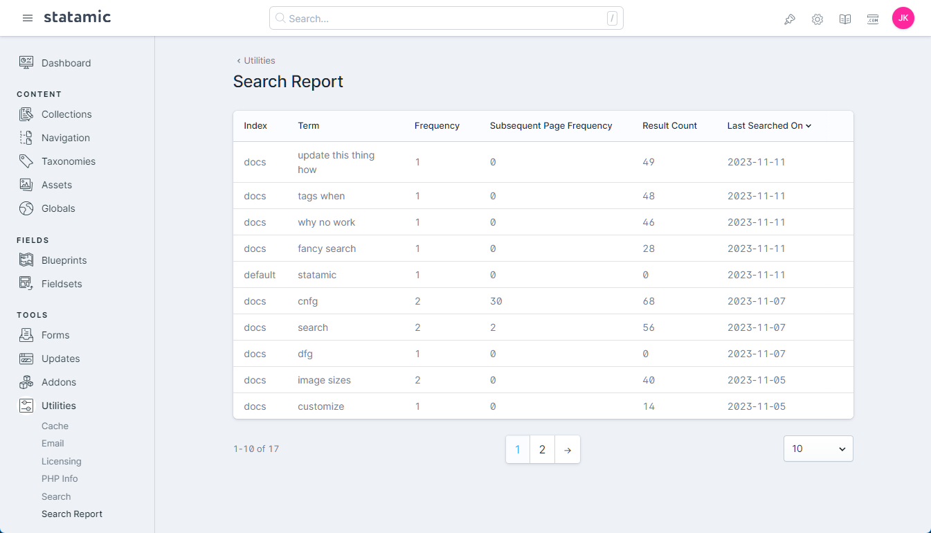 The search report view within the Statamic Control Panel.